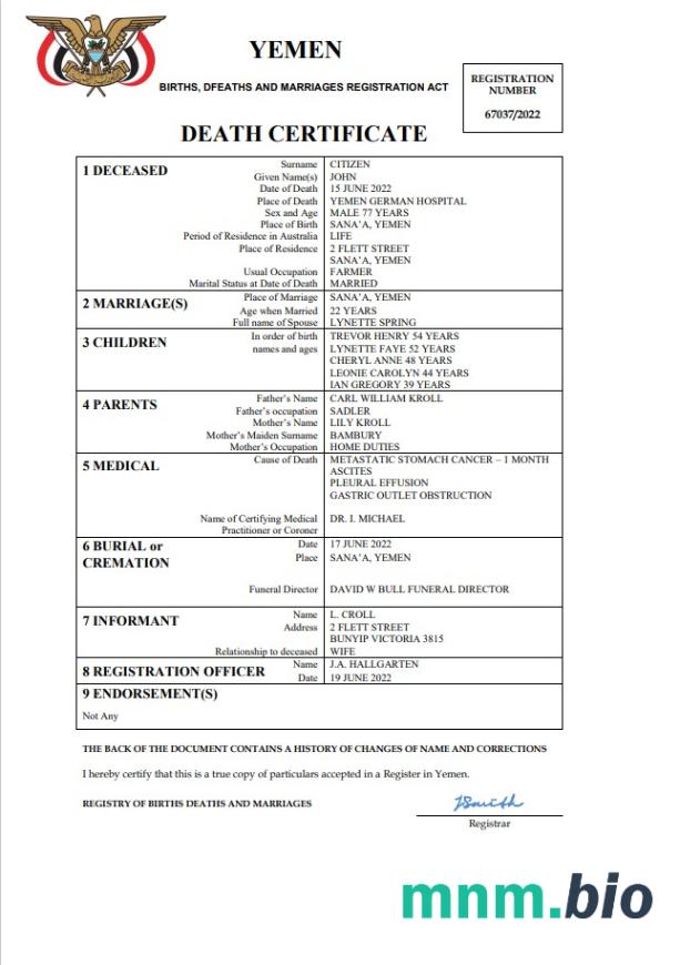 Yemen śmierć certyfikat Word i PDF szablon